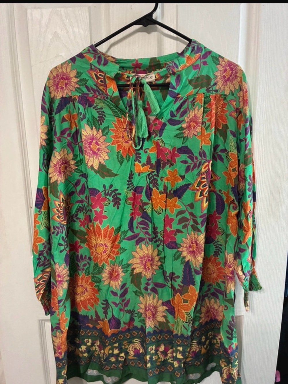 NATURAL LIFE Green Floral Tie-Neck Mini Dress with Orange & Purple Blooms NWT
